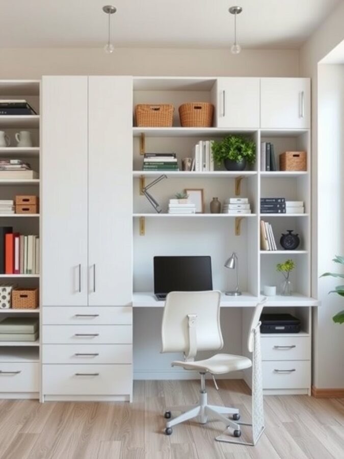 A modern home office with organized storage solutions, featuring a desk, computer, and shelves with books and decorative items.