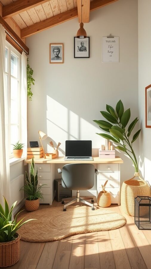 19 Inspiring Home Office Ideas You Need to Try 18 A bright home office with a desk, computer, plants, and natural decor.