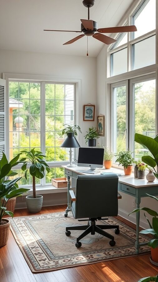 A bright and inviting garden office with large windows, plants, and a stylish desk.