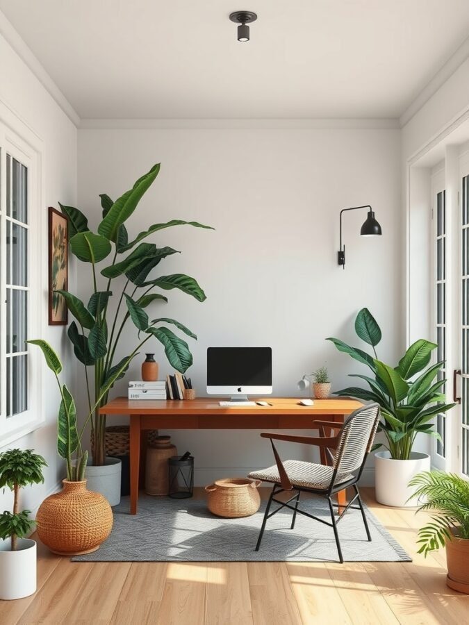 A bright home office with a wooden desk, computer, and various plants, creating an outdoor-inspired atmosphere.