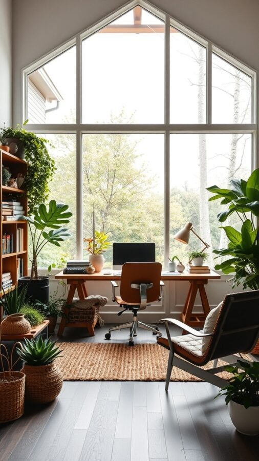 A bright home office with large windows, plants, and natural wood furniture.