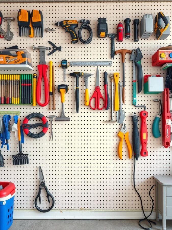 25 Smart Storage Solutions for a Stylish Home Office 2 A pegboard filled with various tools and office supplies, showcasing an organized workspace.