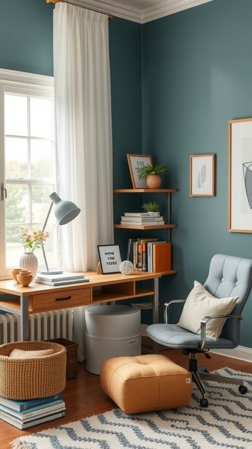 A cozy home office with a desk, chair, and decorative elements, designed for guest comfort.