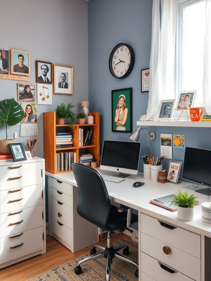 A colorful home office with framed photos, a clock, and plants, showcasing personalized decor.