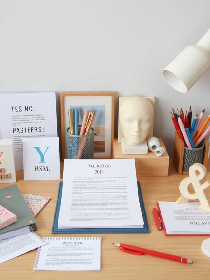 A stylish home office desk with colorful pens, a lamp, a decorative bust, and framed pictures.