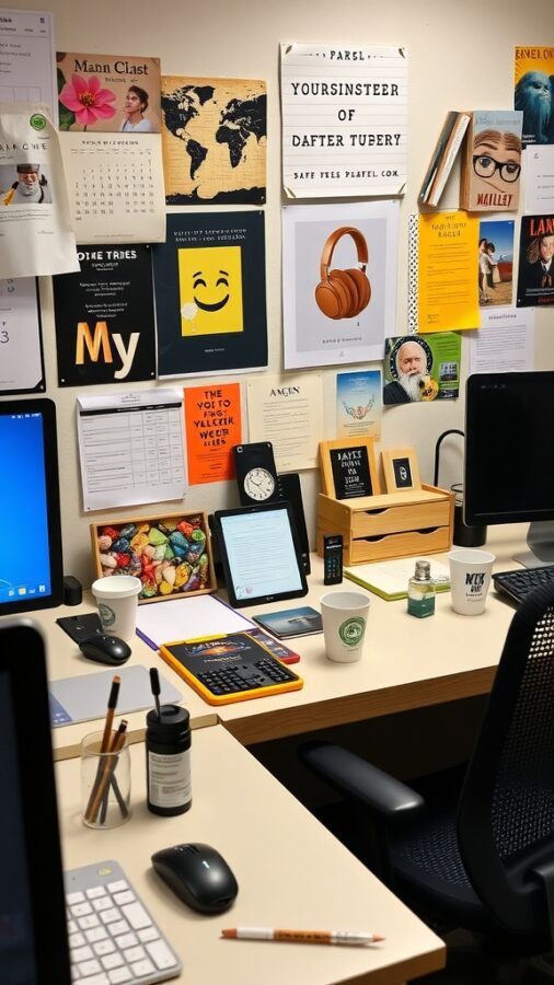 23 Creative Home Office Ideas for Shared Workspaces 2 A colorful and organized home office desk with various personalized accessories and decorations.