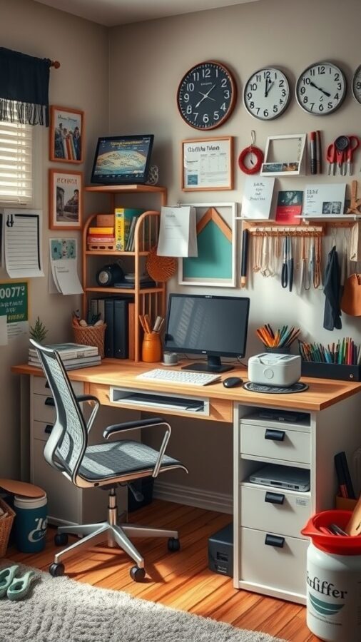 A cozy home office with a desk, organized shelves, and personal decor items.
