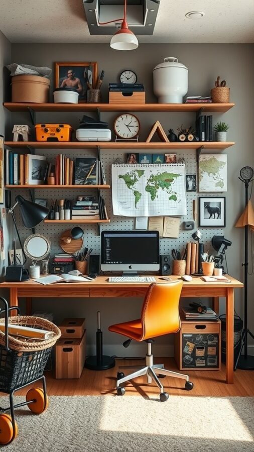 A cozy and organized home office with a wooden desk, orange chair, and shelves filled with books and personal items.