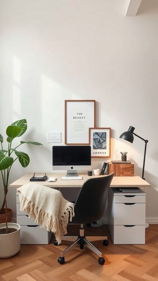 A minimalist home office setup featuring a desk with a computer, a plant, and framed artwork.