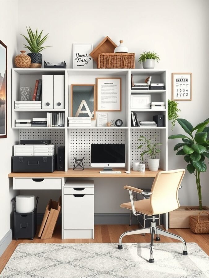 25 Smart Storage Solutions for a Stylish Home Office 26 A stylish home office with organized shelves, a desk, and plants, showcasing personalized storage solutions.