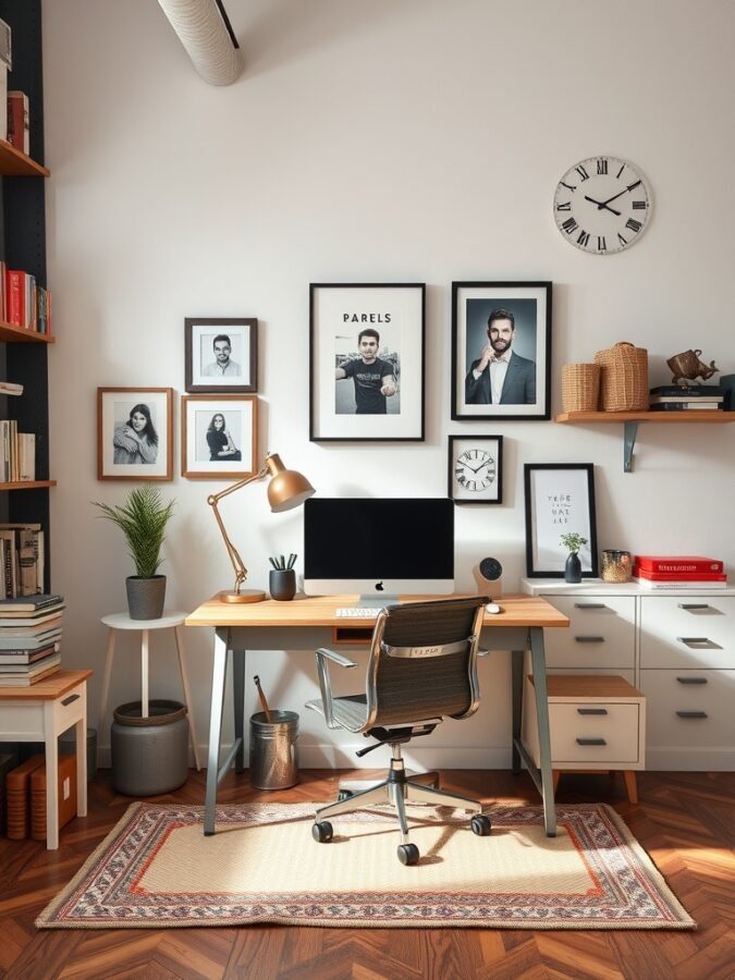 A stylish home office featuring industrial decor with framed photos, a wooden desk, and plants.