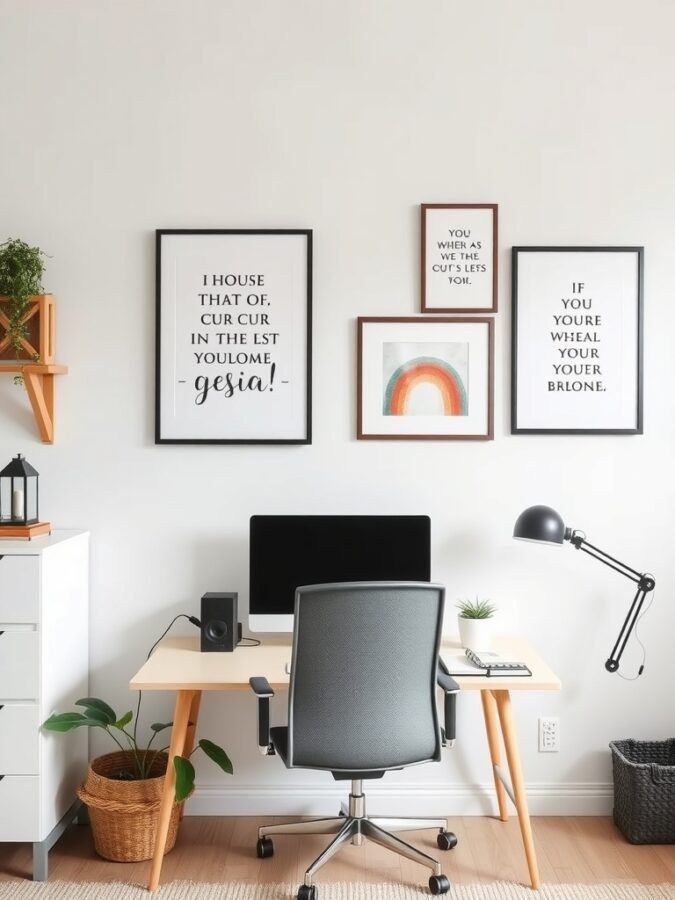 A modern home office with personalized wall art featuring motivational quotes and colorful designs.