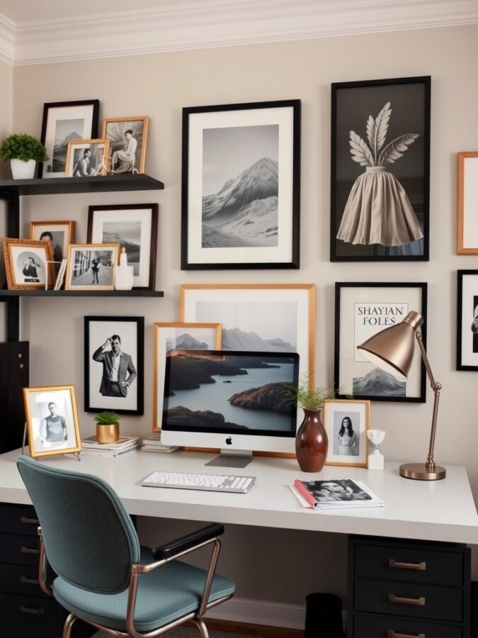 A stylish home office with framed photos and a clean desk setup.