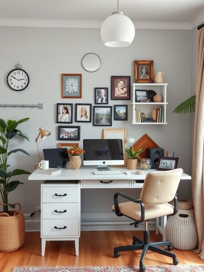 A bright home office with a desk, computer, framed photos on the wall, and plants.