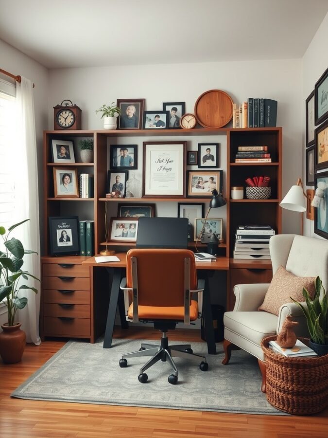 A cozy home office featuring a desk with family photos and decorative items.