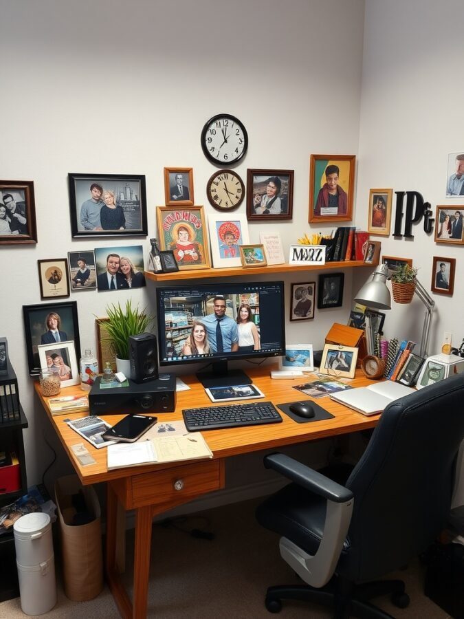 A personalized home office with framed photos, a clock, and a desk setup.