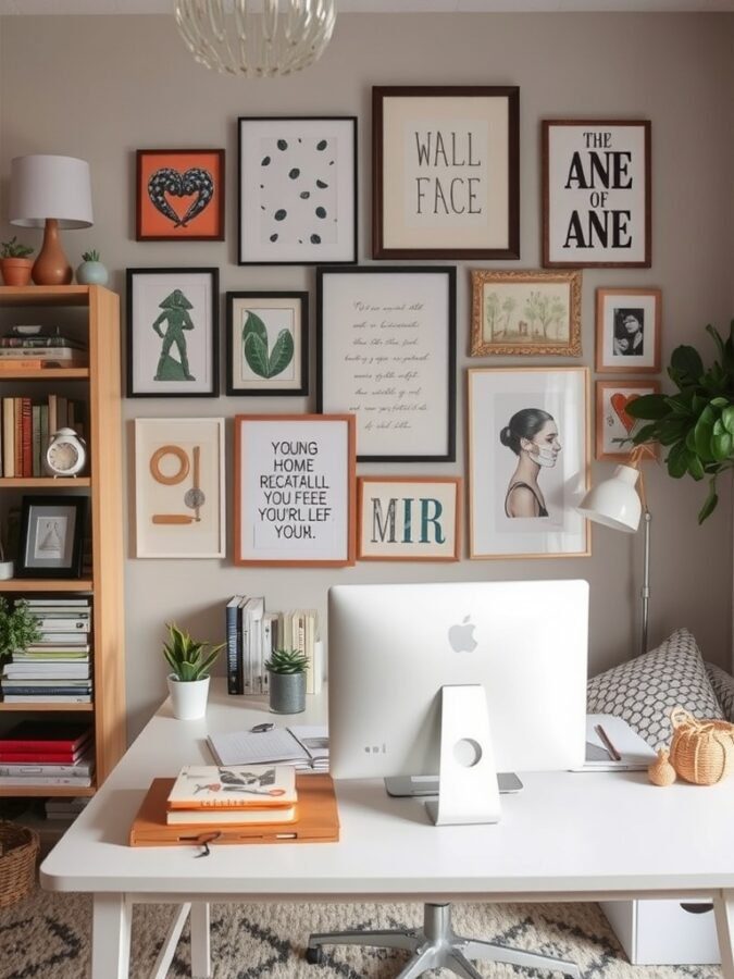 A home office with a gallery wall featuring various framed artworks and a modern desk setup.
