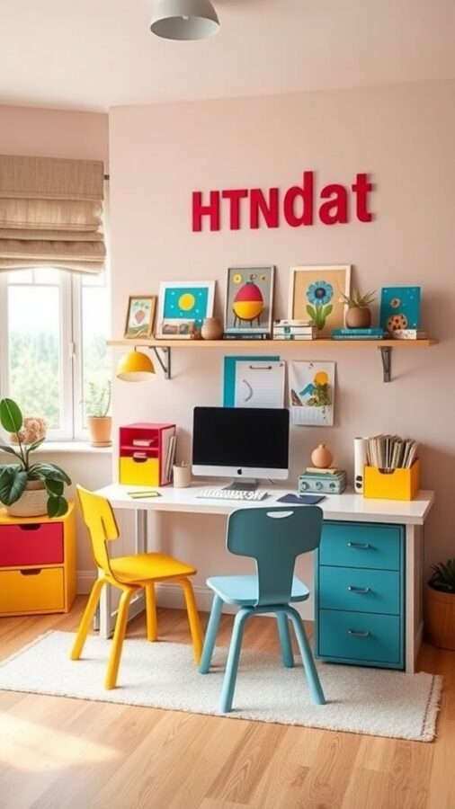 A colorful kids' homework station featuring a desk, bright chairs, and cheerful decorations.