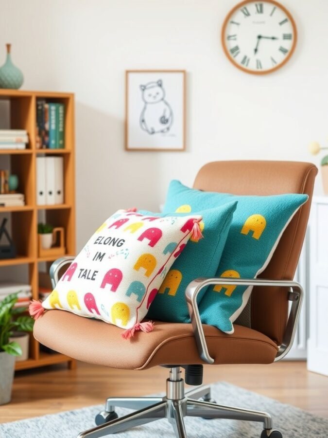 A cozy office chair with colorful throw pillows featuring playful elephant designs.