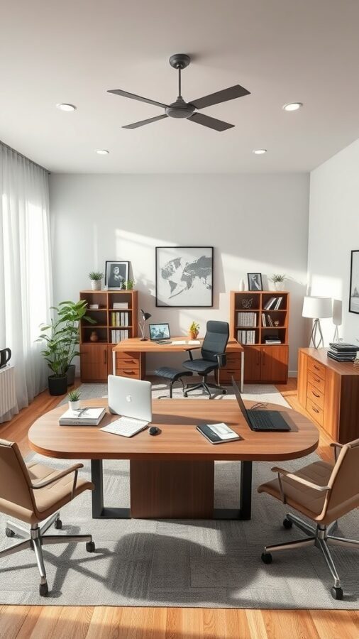 A modern corporate home office featuring a spacious wooden desk, comfortable chairs, bookshelves, and plants.
