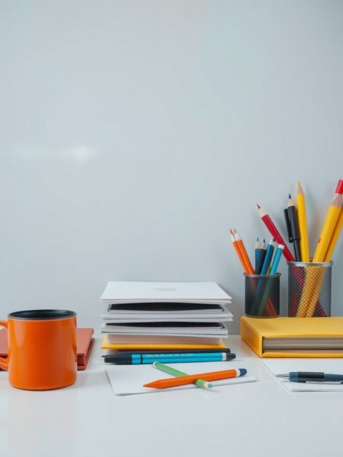 A bright and organized home office workspace with colorful pens, notebooks, and an orange mug.