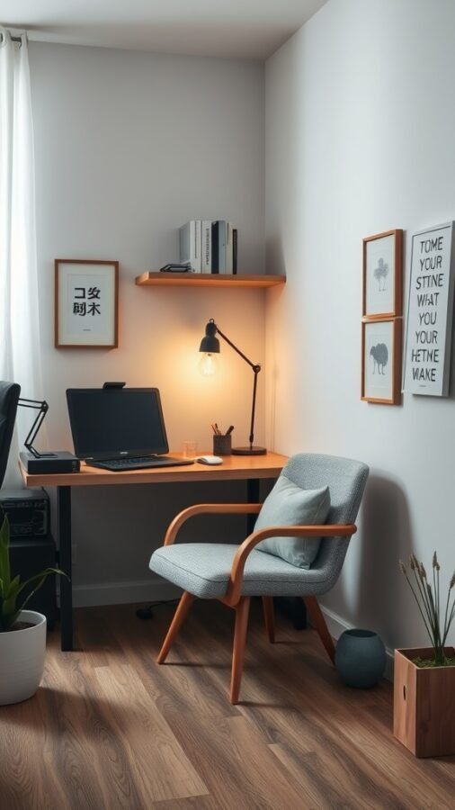A minimalist home office nook featuring a desk, chair, lamp, and decorative elements.