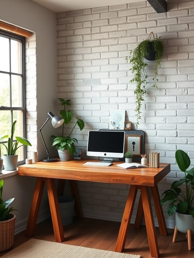 A home office featuring a reclaimed wood desk, plants, and a light-colored brick wall.