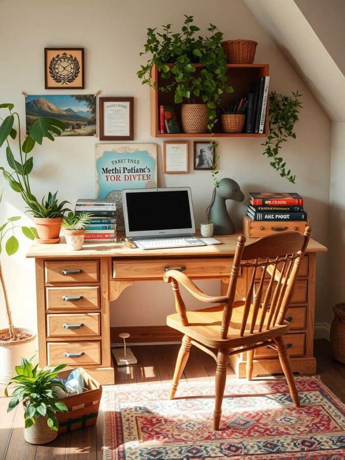 A cozy home office setup featuring a wooden desk, a chair, plants, and shelves filled with books.