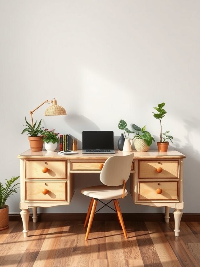 A stylish home office desk made from repurposed furniture, featuring a light wood finish, orange knobs, a laptop, and potted plants.