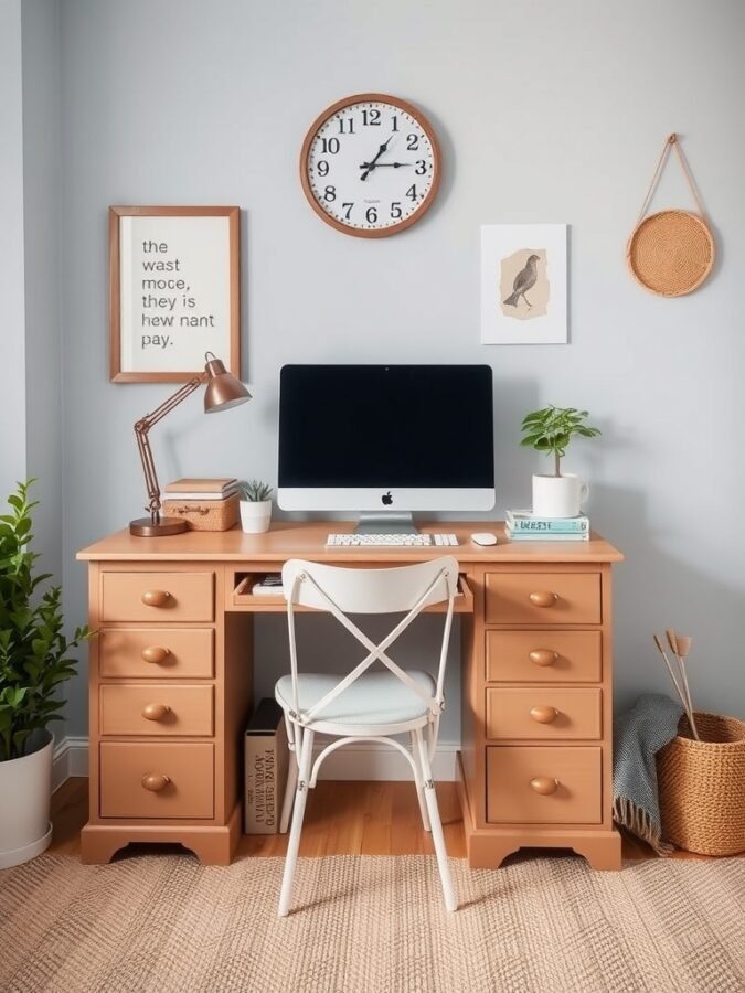 25 Smart Storage Solutions for a Stylish Home Office 19 A cozy home office setup featuring a wooden desk with multiple drawers, a computer, a chair, and decorative elements.