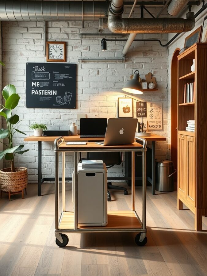 A stylish rolling cart in a modern industrial home office, featuring a wooden top and storage for office supplies.