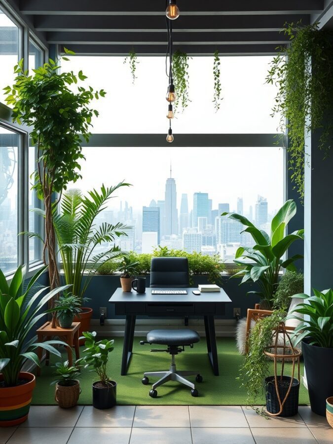 A rooftop garden office with plants, a desk, and a city skyline view.