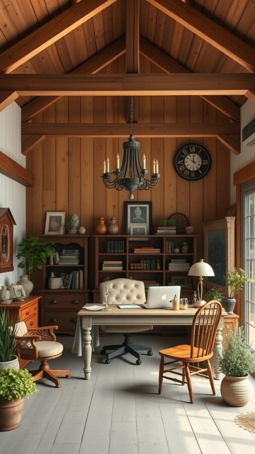 A cozy rustic farmhouse office with wooden beams, a desk, and potted plants.