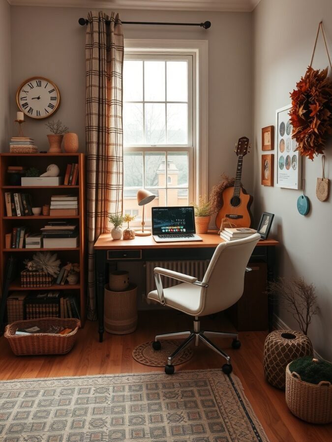 A cozy home office with autumn decor, featuring a desk, laptop, and a wreath made of leaves.