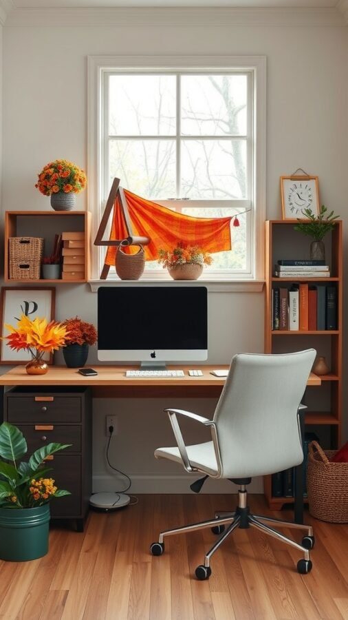 21 Creative Home Office Ideas to Boost Your Productivity 19 A cozy home office with autumn decor, featuring orange fabric, potted flowers, and a computer desk.