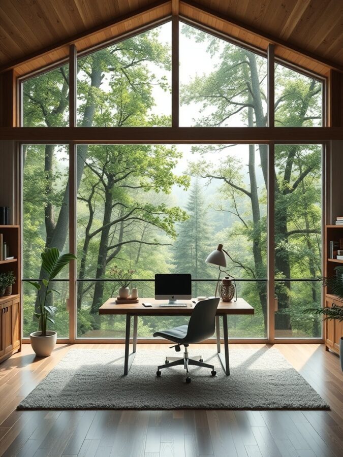 A cozy workspace with a large window view of a serene forest, featuring a wooden desk, a chair, and potted plants.