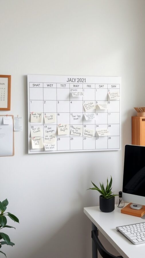 23 Creative Home Office Ideas for Shared Workspaces 18 A wall-mounted calendar for July 2021 with sticky notes and reminders.