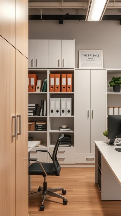 23 Creative Home Office Ideas for Shared Workspaces 9 A modern shared office space with organized storage solutions, including cabinets, shelves, and a desk.