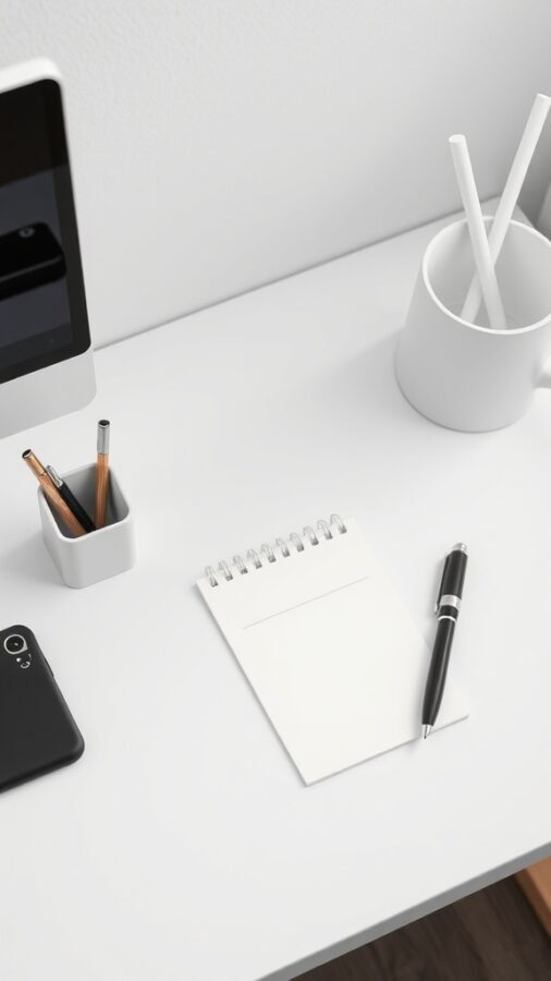A minimalist desk setup featuring a notepad, pen, and simple containers for pens and pencils.