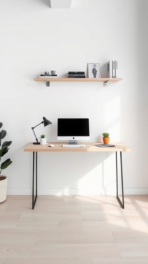 A minimalist home office featuring a sleek floating desk with a computer, lamp, and plants.