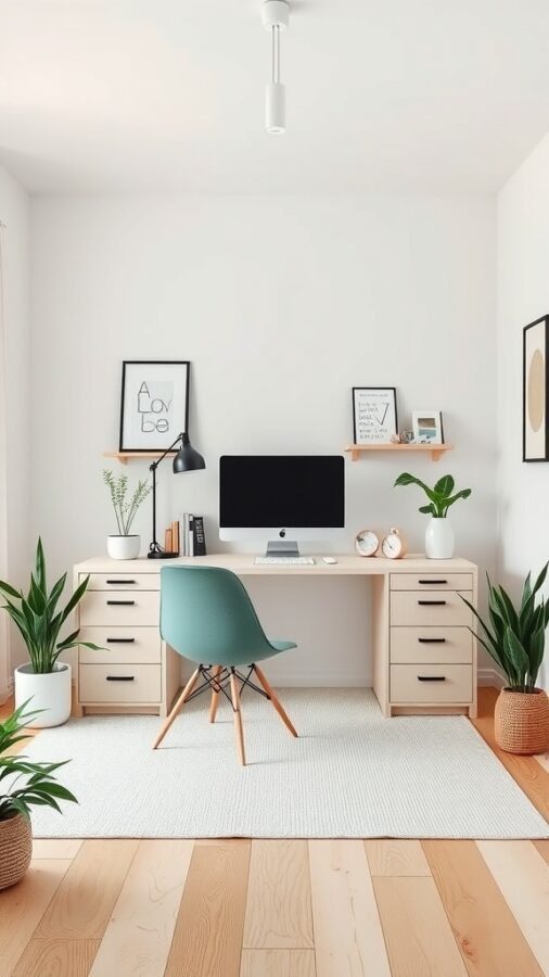 A sleek Scandinavian home office featuring a light wood desk, a green chair, and decorative plants.