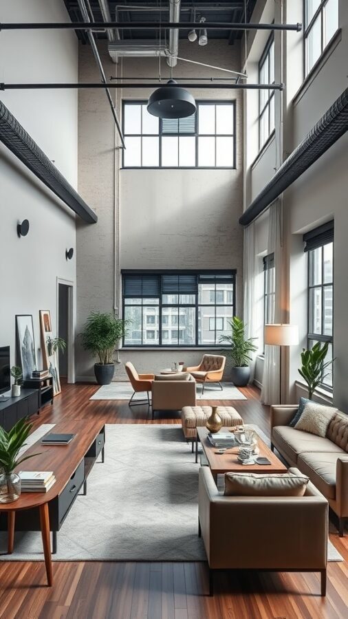 A sleek urban loft office with high ceilings, large windows, wooden flooring, and modern furniture.