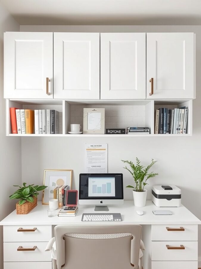 25 Smart Storage Solutions for a Stylish Home Office 16 A modern home office with overhead storage cabinets, a desk, a computer, and plants.