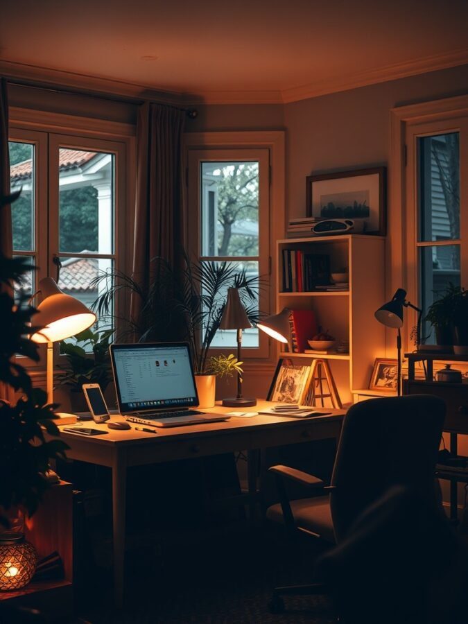 A cozy home office with soft lighting, featuring a desk, laptop, and plants.