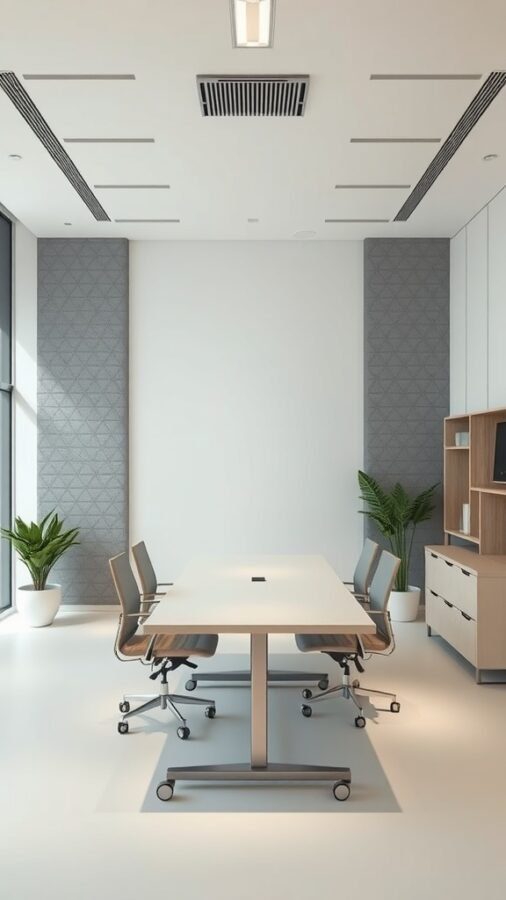 A modern home office featuring sound absorbing panels on the walls, a large table, and plants.