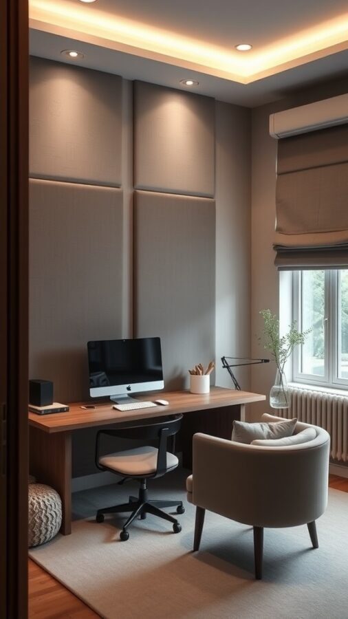 21 Creative Home Office Ideas to Boost Your Productivity 18 A modern home office with acoustic panels on the walls, a wooden desk, and a comfortable chair, designed for a quiet working environment.