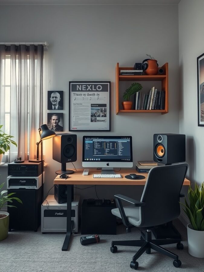 A modern home office setup featuring a computer, speakers, and plants, designed for focus and productivity.