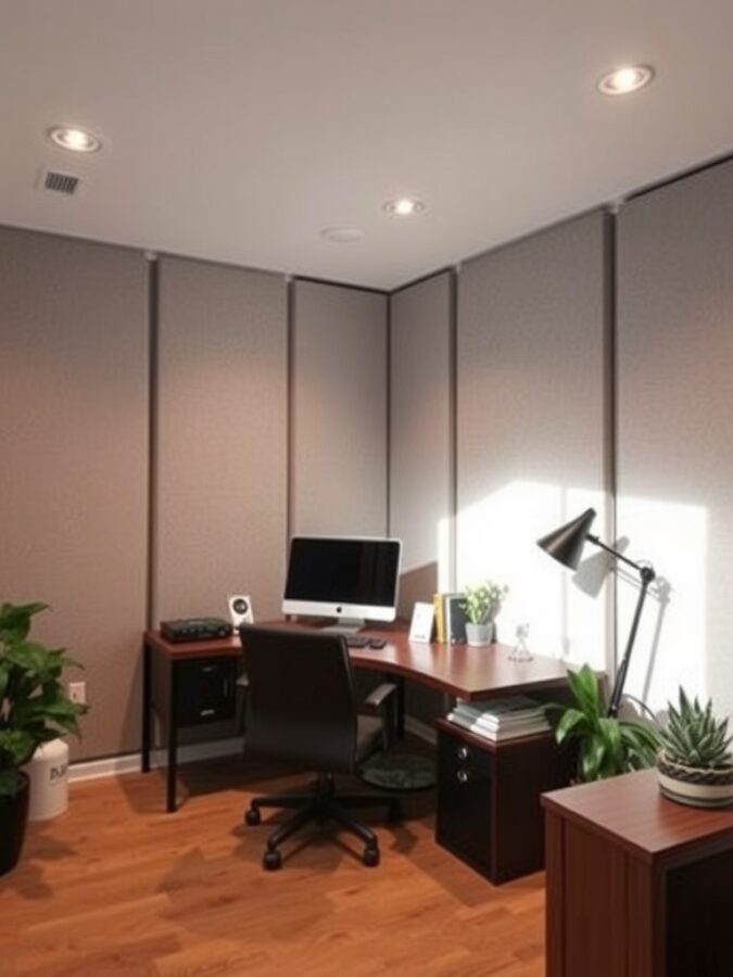A modern home office featuring soundproofing panels, a desk with a computer, and plants for a calming atmosphere.