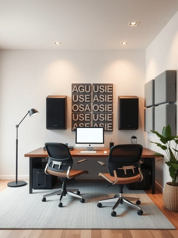 A modern home office with soundproofing panels and ergonomic chairs.