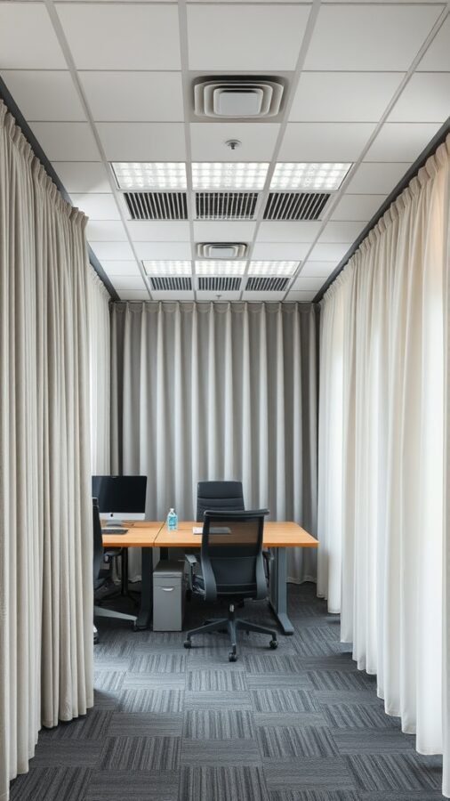 23 Creative Home Office Ideas for Shared Workspaces 3 A soundproofed office space with two desks, computers, and thick curtains for sound absorption.